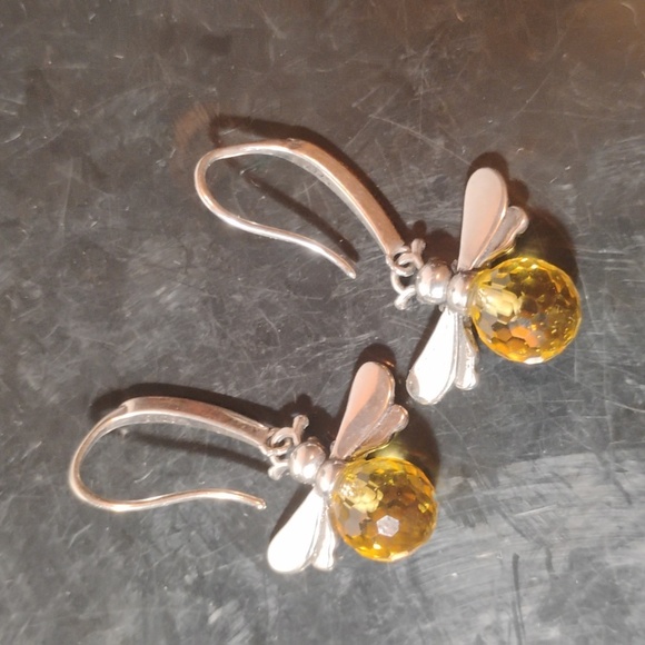 Sterling Silver Baltic Amber Bee Drop Earrings.  - Picture 2 of 5